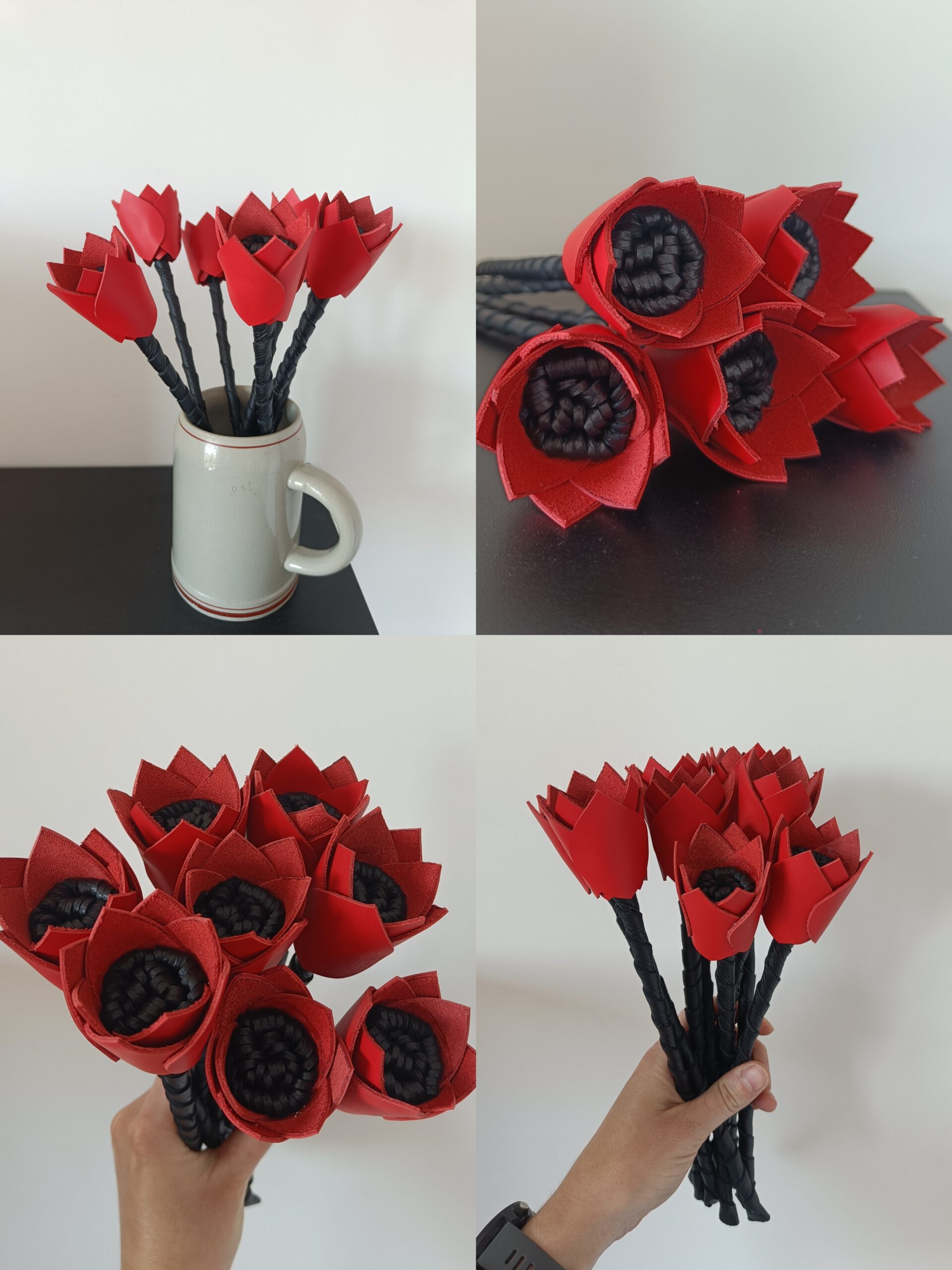 Mise en scène de bouquet de fleurs en cuir rouge et noir upcyclé, fait main en France